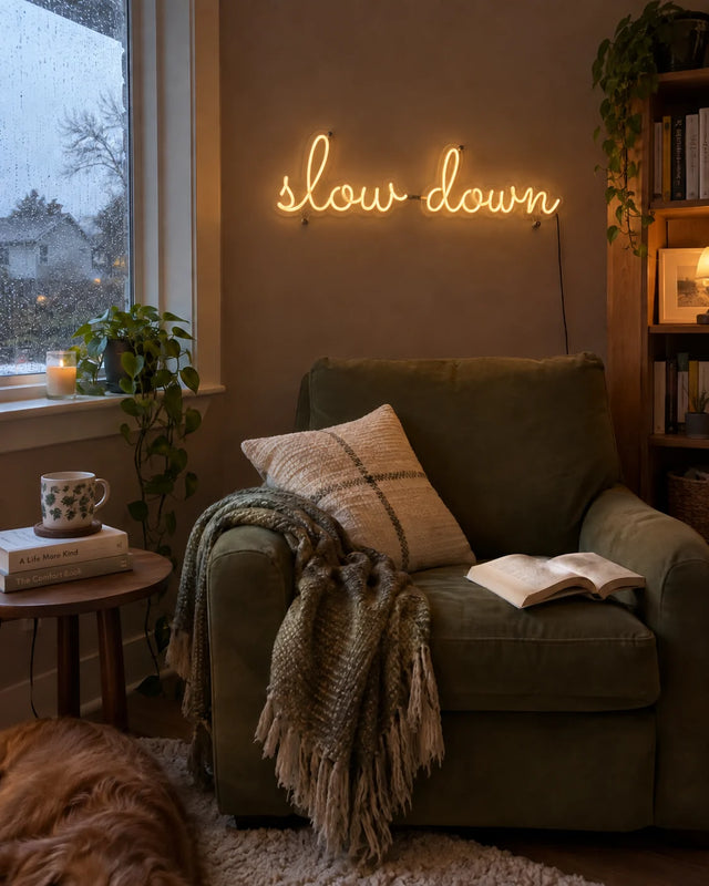 Reading nook — Slow Down — Reading nook · slow down · everyday home scene