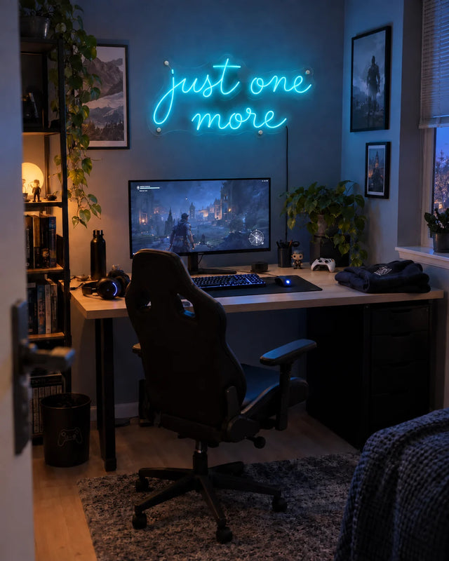 Music & gaming — Just One More — Music & gaming · just one / more · everyday home scene