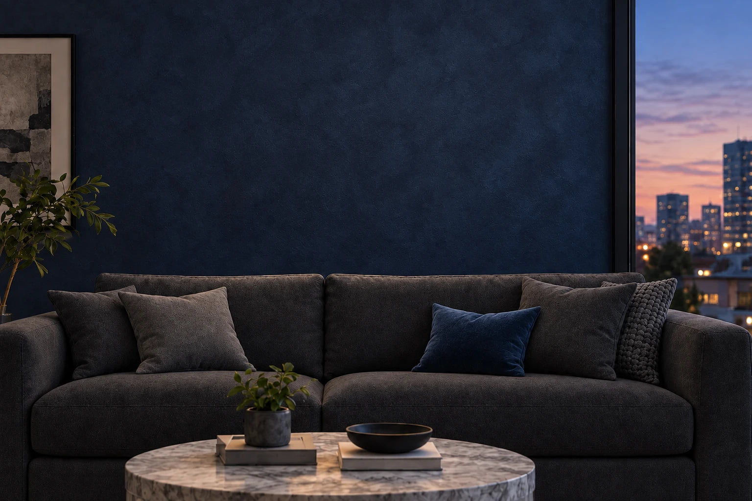 Living room with a charcoal sofa and a blank wall at dusk