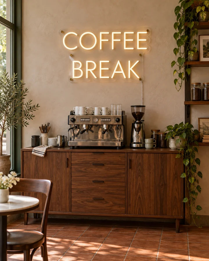 COFFEE
BREAK / Neighborhood Café / Warm white COFFEE BREAK above a walnut café back bar